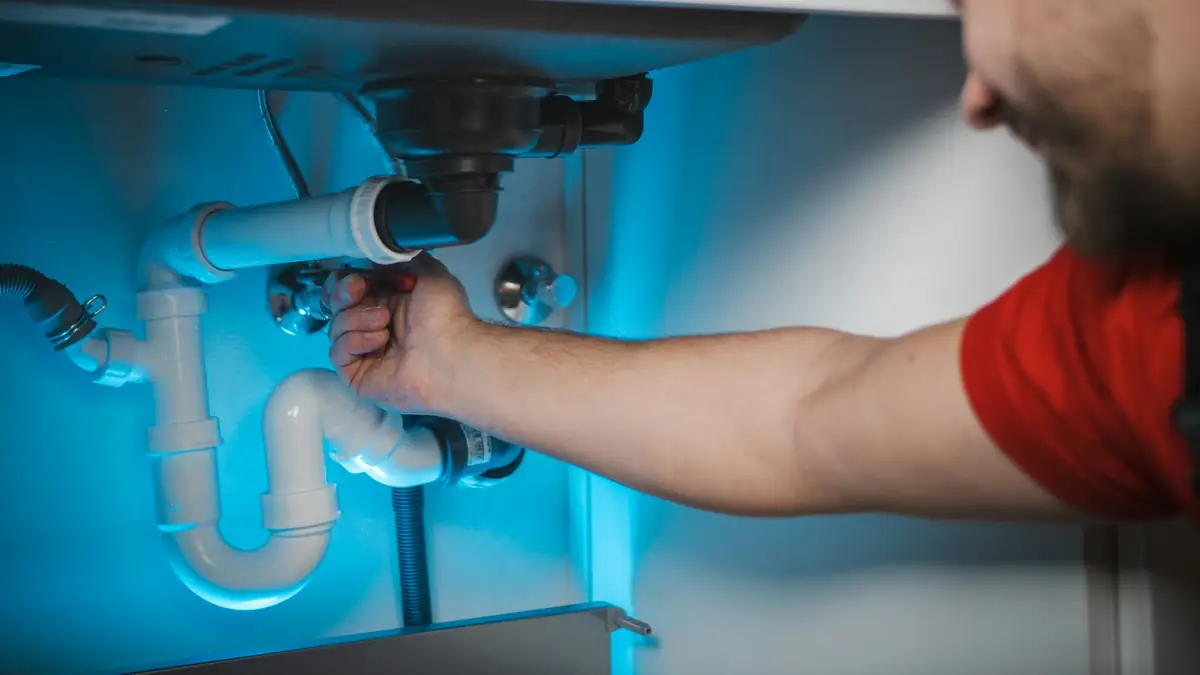 Hands tightening the drain trap pipes under a sink - Leak Detection in Des Plaines