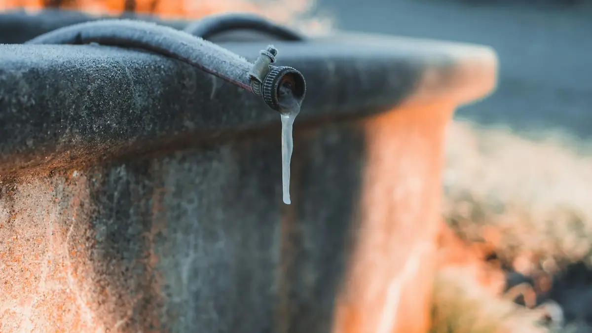 A small icicle hanging from a hose on a rusted tub - Basement Leak Detection in Des Plaines