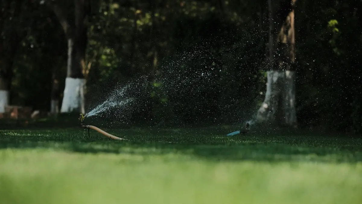 A lawn sprinkler spraying under dark trees - Basement Leak Detection in Des Plaines