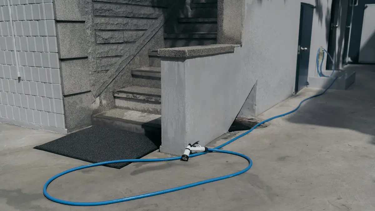 A blue garden hose coiled on a concrete drive beside steps - Leak Detection in Riverview